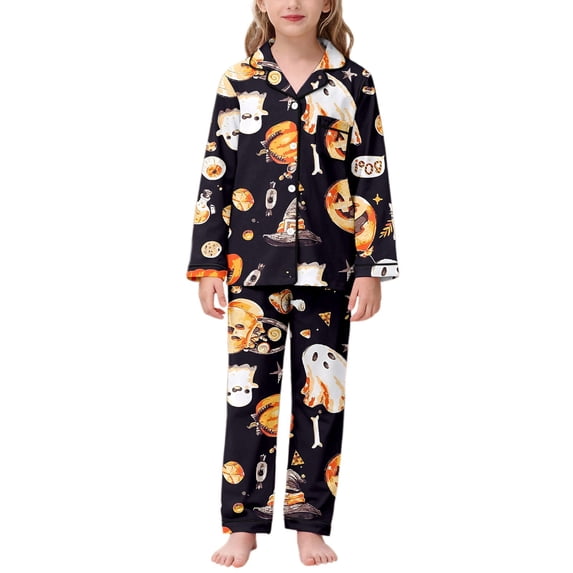 CAIVO Pajama Sets Girls Halloween Print Long Sleeve Lapel Button Down Shirts Blouse Tops With Pants Cozy 2 Piece Sleepwear Nightgown With Matching For Kids Pyjamas