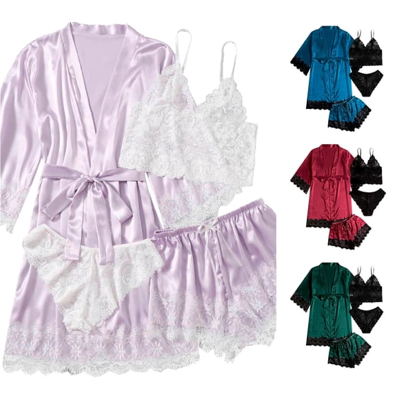 CAIVO Pajamas Set Women's Pyjama Set Silk Long Sleeve Robe With Night Tops And Shorts Casual Plain Sleepwear Breathable Homewear