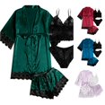 thumbnail image 1 of CAIVO Pajamas Set Women's Pyjama Set Silk Long Sleeve Robe With Night Tops And Shorts Casual Plain Sleepwear Trendy Homewear, 1 of 9