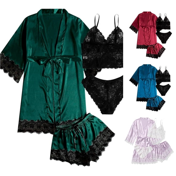CAIVO Pajamas Set Women's Pyjama Set Silk Long Sleeve Robe With Night Tops And Shorts Casual Plain Sleepwear Trendy Homewear
