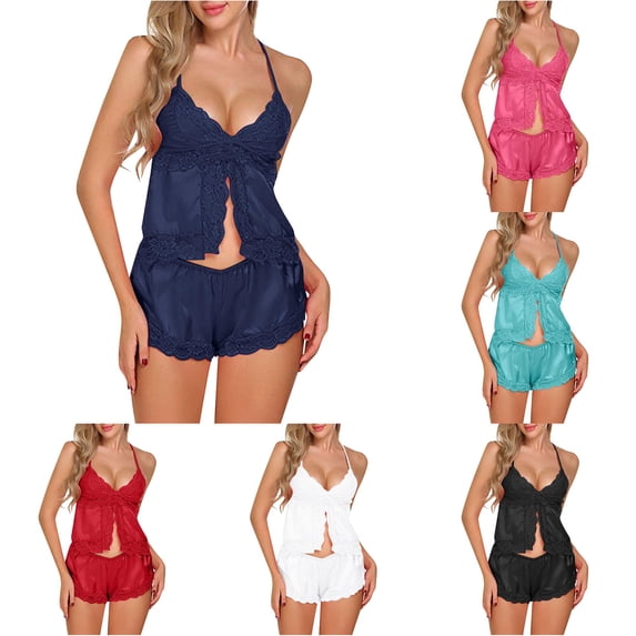 CAIVO Pajamas Set Womens Large Loose Tops With Shorts Lace Solid Color Cozy Set Home Clothes Stylish Homewear
