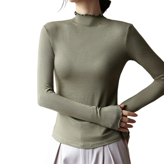 CAIVO Plus Size Tops Women's Semi High Neck Blouse Long Sleeve Shirt Elegant Ruffle Detail Casual Comfortable Stretchable Basic Layering Piece Comfort Solid Color Back To School Dailywear