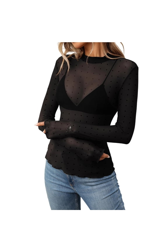 Plus Size Women's Mesh Long Sleeve Tops Summer Semi High Neck Blouse Sheer See Through Tunic Shirt For Casual Wear Soft Solid Color Back To School Dailywear