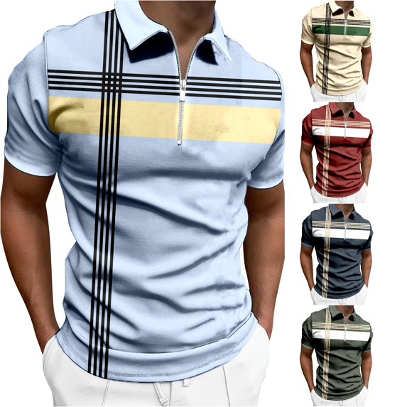 CAIVO Polo Shirts For Men Casual Fashion Striped Color Matching Short Sleeve Shirt Tops Patchwork Lapel Classic Fit Golf For Business , L