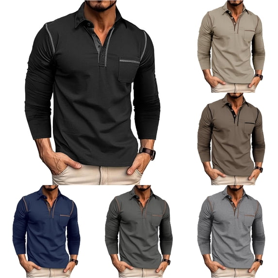 CAIVO Polo Shirts For Men Casual Shirt Long Sleeve Classic Plaid Button With Pockets Lapel Golf Tops Stretchy , XL