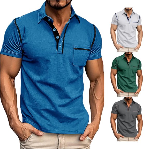 CAIVO Polo Shirts For Men Spring Short Sleeve Solid Color Pocket Letter Stripe Stitching Raglan Sleeve Lapel Classic Fit Golf Tops For Business , S
