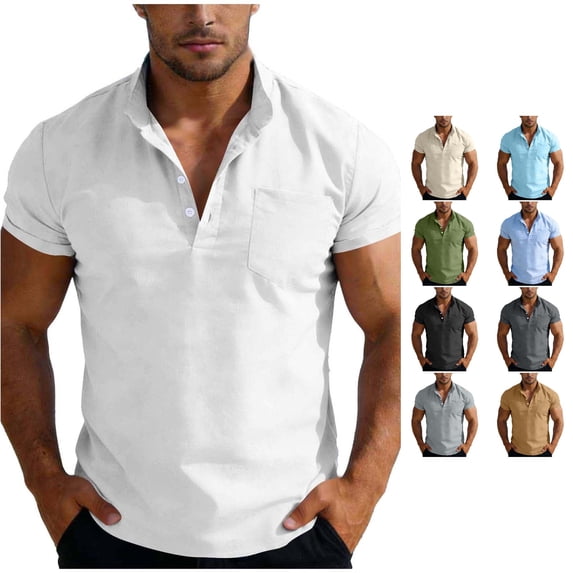 CAIVO Polo Shirts Men Button Up Short Sleeve Shirts Fashion Casual Business Work With Pocket Lapel Solid Color Classic Fit Golf Tops For Vacation , XXXL