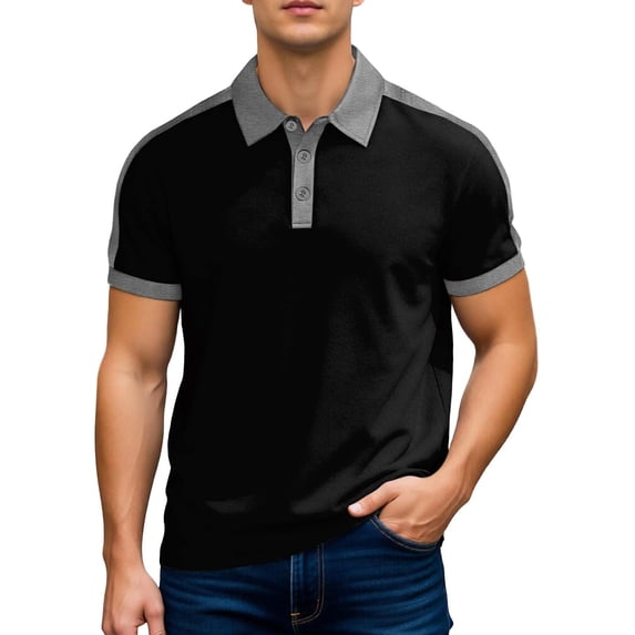 CAIVO Polo Shirts For Men Casual Summer Shirt Short Sleeve Breathable Blend Comfortable Relaxed Fit Twill Knit Collared Sport Tops Patchwork Lapel Classic Fit Golf Stretchy , XL