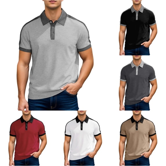 CAIVO Polo Shirts For Men Casual Summer Shirt Short Sleeve Breathable Blend Comfortable Relaxed Fit Twill Knit Collared Sport Tops Patchwork Lapel Classic Fit Golf Stretchy , XXXL