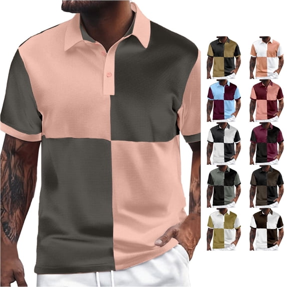 CAIVO Polo Shirts For Men Color Blocked Casual Loose Comfortable Trendy Patchwork Business Lapel Button Short Sleeve Shirt Classic Fit Golf Tops For Vacation , XXL