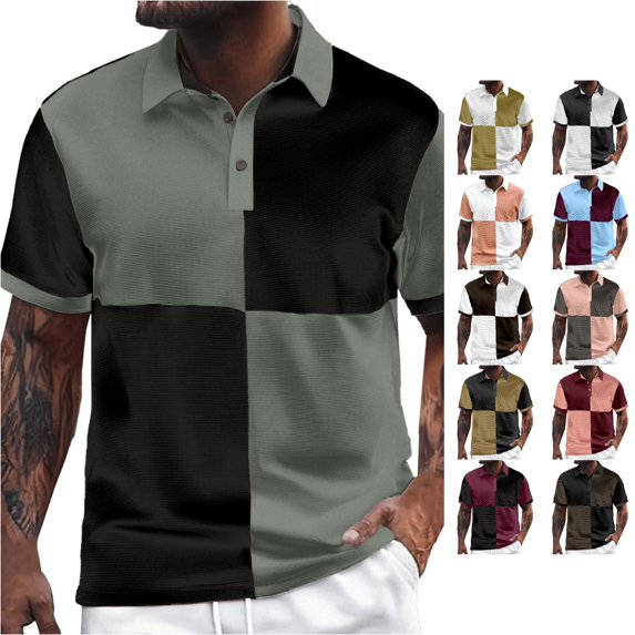 CAIVO Polo Shirts For Men Color Blocked Casual Loose Comfortable Trendy Patchwork Business Lapel Button Short Sleeve Shirt Classic Fit Golf Tops For Vacation , S