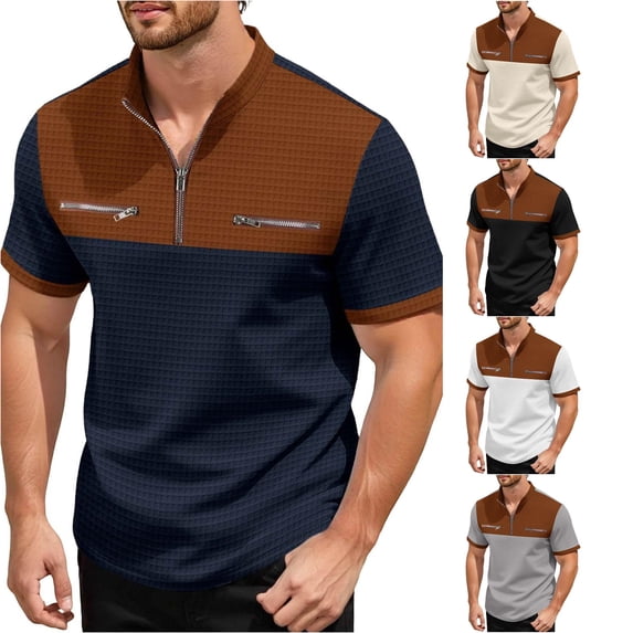 CAIVO Polo Shirts For Men Stylish Color Plaid Short Sleeve Shirt With Half Zip Stand Collar And Zippered Pocket Lapel Classic Fit Golf Tops For Business , XXL