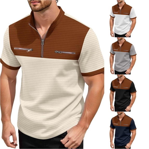 CAIVO Polo Shirts For Men Stylish Color Plaid Short Sleeve Shirt With Half Zip Stand Collar And Zippered Pocket Lapel Classic Fit Golf Tops For Vacation , XXXL