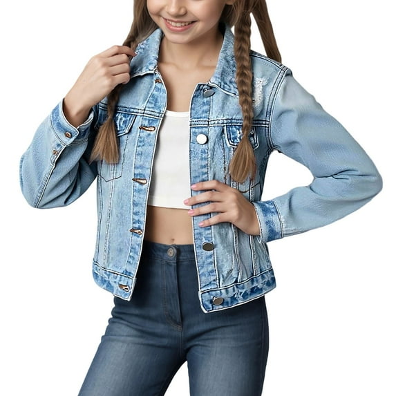 CAIVO Stylish Distressed Denim Long Sleeve Jackets Coats Girls With Notched Collar Outerwear Teen Girls And Preteen Casual Coat Leisure Child Solid Color Clothing