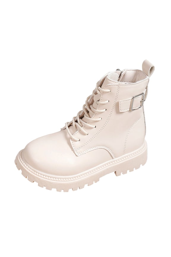 Stylish Girls Ankle Boots With Buckle Lace Up Design Side Zipper Autumn Winter Fashion Casual Wear Comfortable Durable Leather Upper Sole Toddler Youth Breathable Solid Color Kids Shoes
