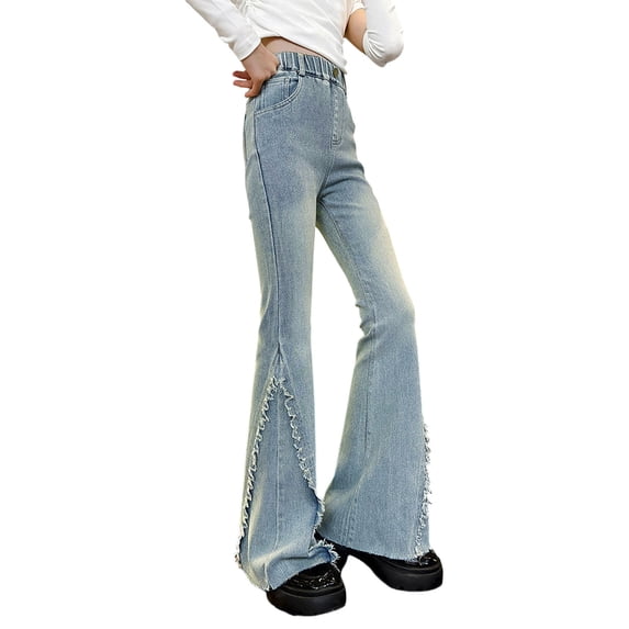 CAIVO Stylish Girls Flared Denim Pants Distressed Hem Bootcut Jeans For Teenage Kids Comfortable Casual Trousers Soft Solid Color Slacks