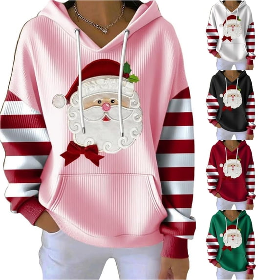 CAIVO Sweatshirts Women Ribbed Hoodie Soft Comfort Adjustable Drawstring Front Pocket Cute Santa Face Print Striped Sleeve Patchwork Pullover Hoodie Christmas Holiday Casual Streetwear Vacation Tops