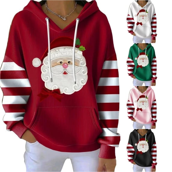 CAIVO Sweatshirts Women Ribbed Hoodie Soft Comfort Adjustable Drawstring Front Pocket Cute Santa Face Print Striped Sleeve Patchwork Pullover Hoodie Christmas Holiday Casual Streetwear Versatile Tops