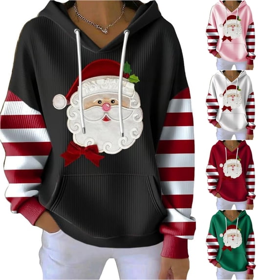 CAIVO Sweatshirts Women Ribbed Hoodie Soft Comfort Adjustable Drawstring Front Pocket Cute Santa Face Print Striped Sleeve Patchwork Pullover Hoodie Christmas Holiday Casual Streetwear Versatile Tops