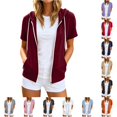 thumbnail image 1 of CAIVO Sweatshirts Women Short Sleeve Zip Up Hoodie Soft Comfort Adjustable Drawstring Front Pocket Solid Color Full Zip Hooded Jacket Summer Lightweight Casual Streetwear Outerwear Fashionable Tops, 1 of 4