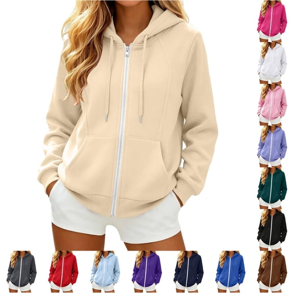 CAIVO Sweatshirts Women Zip Up Hoodie Soft Comfort Adjustable Drawstring Front Pocket Solid Color Raglan Seam Full Zip Hooded Jacket Basic Minimalist Daily Streetwear Breathable Long Sleeve Tops
