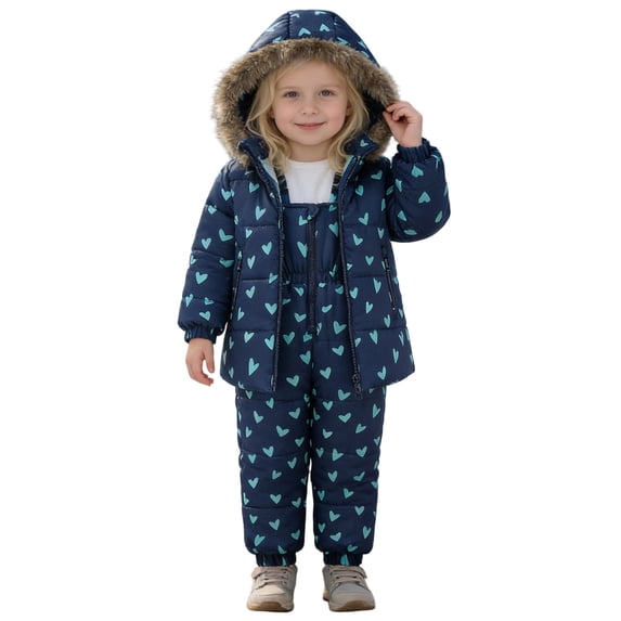 CAIVO Toddler Child Boys Girls Winter Coat Long Sleeve Hooded Jacket Kids Thicken Windproof Zipper Warm Outwear Trousers Overalls Suspender Pants Outfit Sets Relaxed Fit Clothes Sets