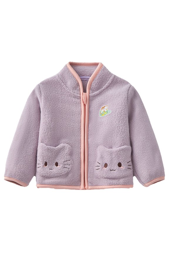 Toddler Girls Bunny Zipper Jacket Soft Plush Outerwear, Stand Collar Cartoon Rabbit Embroidery 3D Pocket Warm Coats, Lightweight Casual Outer Layer Outdoor Autumn Long Sleeve Leisure Dailywear