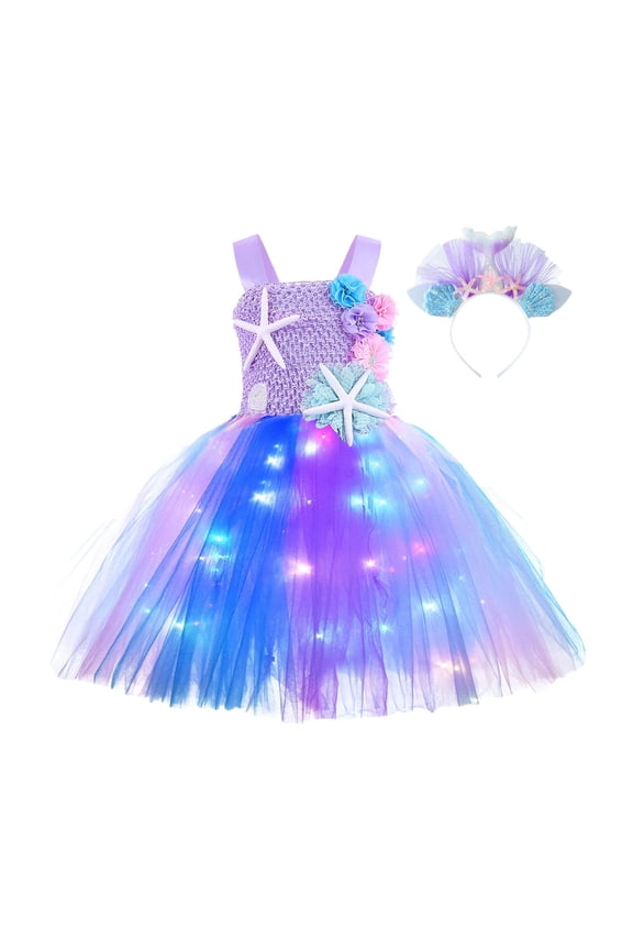 Toddler Kids Girls Halloween Hallowmas Historical LED Light Tulle Dress Princess Hairband Outfits Breathable Child Daily Wear