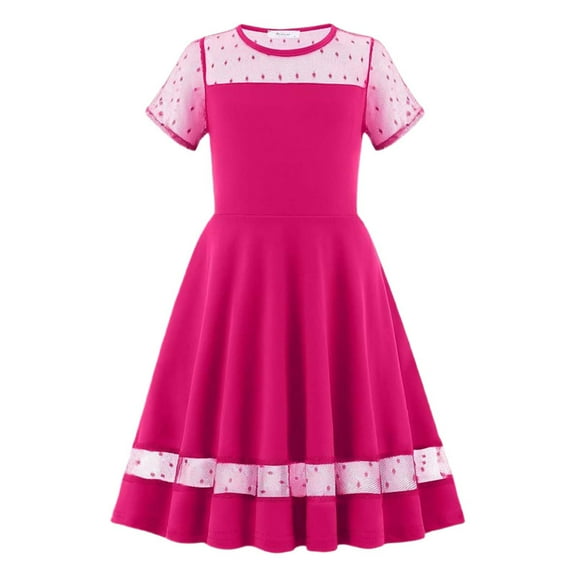 CAIVO Trendy Girls Dresses Fly Sleeve O-Neck For Everyday Casual Wear Classic Round Neck Mesh Dress Summer Fall Versatile Breathable Toddler Child Daily Wear