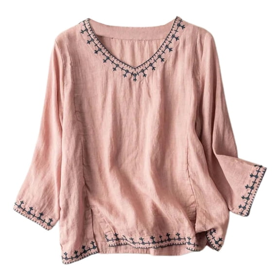 CAIVO Vintage Embroidered 3/4 Sleeve Blouse Lightweight Cotton Linen Casual Shirt For Women Loose Fit Retro Style Tops Summer Classic Solid Color Back To School Dailywear