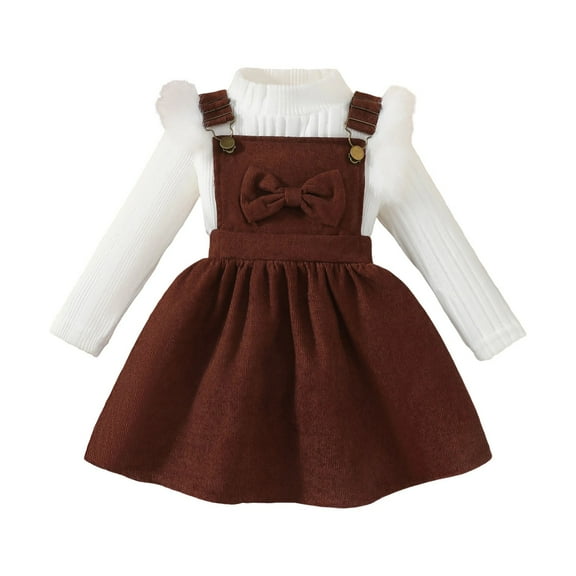 CAIVO Winter Girls Outfits 2 Piece Long Sleeve O-Neck Ribbed Strap Shirt With Bow Detail Brown Pinafore Dress Toddler Kids Adorable Santa Elk Clothes Sets