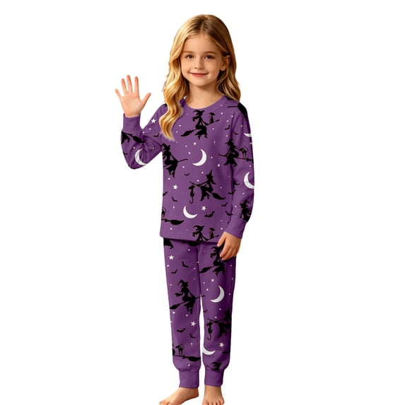 CAIVO Witch Printed Halloween 2 Piece Pajama Set Girls, Round Neck Long Sleeve Shirt With Matching Jogger Trousers, Kids Holiday Nightwear Loungewear
