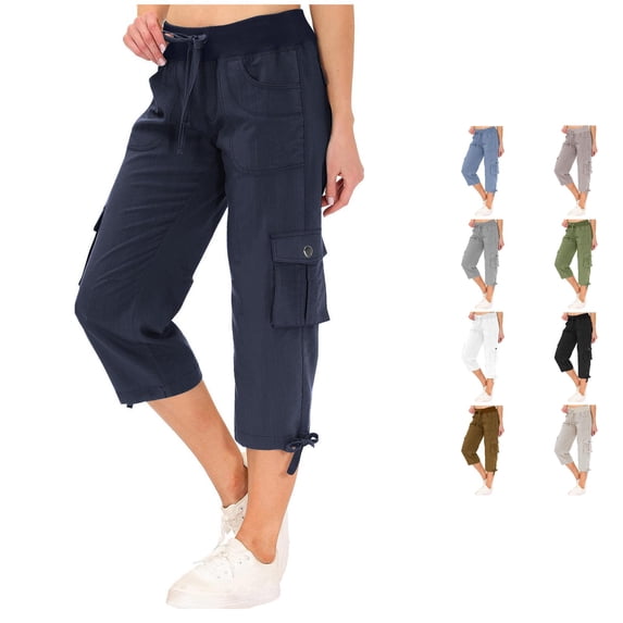 CAIVO Women Capris Pants Summer Solid Color Loose Drawstring Slacks Pocket Cargo Pants Calf Length Classic Bottoms