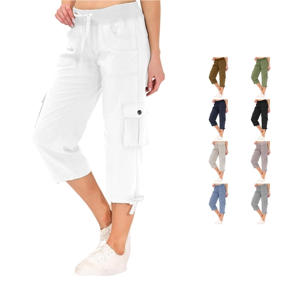 CAIVO Women Capris Pants Summer Solid Color Loose Drawstring Slacks Pocket Cargo Pants Calf Length Cozy Bottoms