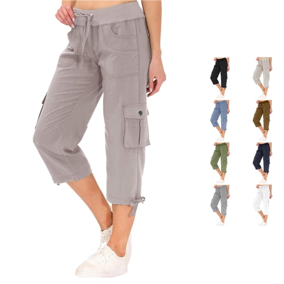 CAIVO Women Capris Pants Summer Solid Color Loose Drawstring Slacks Pocket Cargo Pants Calf Length Leisure Bottoms