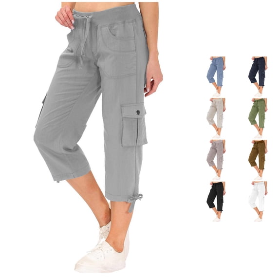 CAIVO Women Capris Pants Summer Solid Color Loose Drawstring Slacks Pocket Cargo Pants Calf Length Relaxed Fit Bottoms