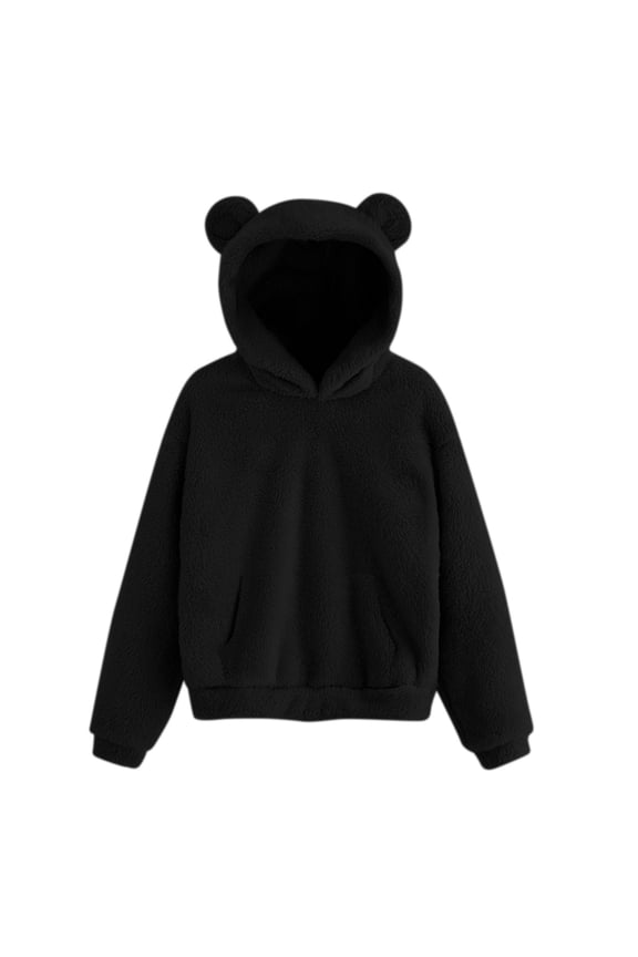 Women Cartoon Bear Ears Hooded Sweatshirt Solid Color Long Sleeve Warm Pullover With Cozy Hood For Adults Leisure Wear