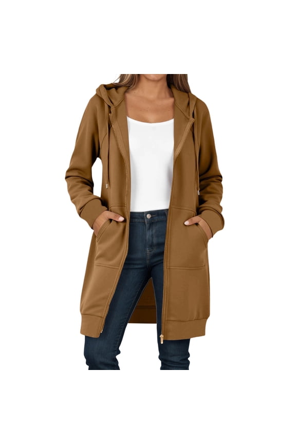Women Casual Autumn Winter Long Sweatshirt Long Sleeve Jacket Solid Color Zipper Full Sleeve Hooded Sweatshirt Coats Versatile Wear