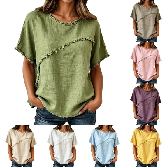 CAIVO Women Shirts Casual Blend Short Sleeve Crew Neck Tops Loose Relaxed O-Neck Solid Color Holiday Shirts