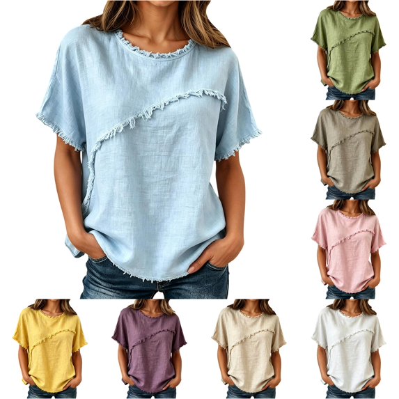 CAIVO Women Shirts Casual Blend Short Sleeve Crew Neck Tops Loose Relaxed O-Neck Solid Color Relaxed Fit Shirts