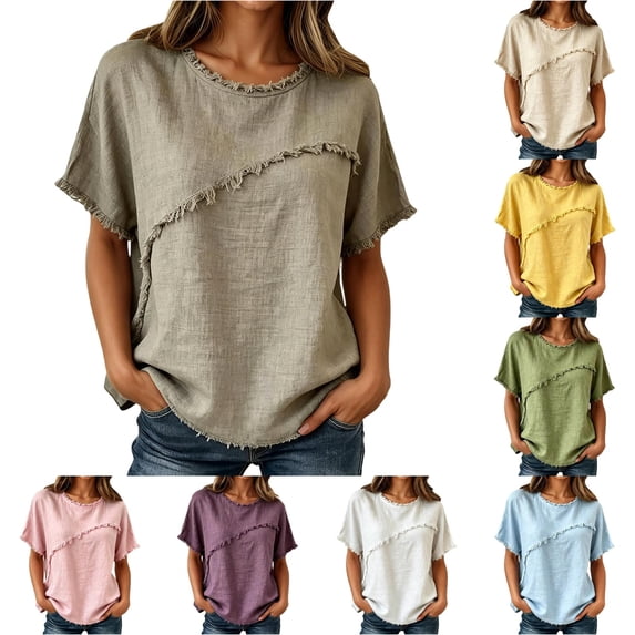 CAIVO Women Shirts Casual Blend Short Sleeve Crew Neck Tops Loose Relaxed O-Neck Solid Color Relaxed Fit Shirts