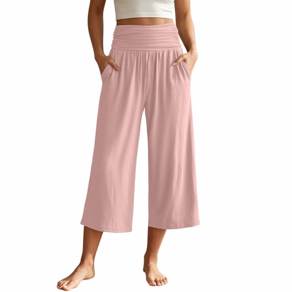 CAIVO Women Casual Fold Over Waistband Yoga Pants Flowy Gaucho Pants With Pleated Detail Wide Leg Cropped Calf Length Comfort Solid Color Breathable Trousers