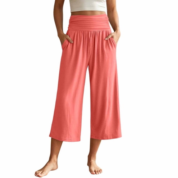 CAIVO Women Casual Fold Over Waistband Yoga Pants Flowy Gaucho Pants With Pleated Detail Wide Leg Cropped Calf Length Comfort Solid Color Trendy Trousers