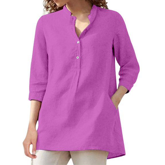 CAIVO Women Casual Linen Blend Shirt 3/4 Sleeve Stand Collar Pullover Tops Summer Blouse Wear And Daily Versatile Solid Color Back To School Dailywear