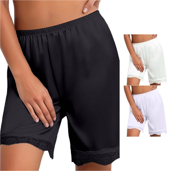 CAIVO Women Casual Satin Shorts With Lace Trim Mid Thigh Length Summer Comfort Shorts Vacation Outdoor Work Solid Color Bottoms