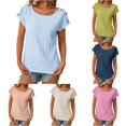 thumbnail image 1 of CAIVO Women Blouses Dressy Casual Solid Color Jacquard Hollow Short Sleeved Tops O-Neck Boho Shirts, 1 of 7
