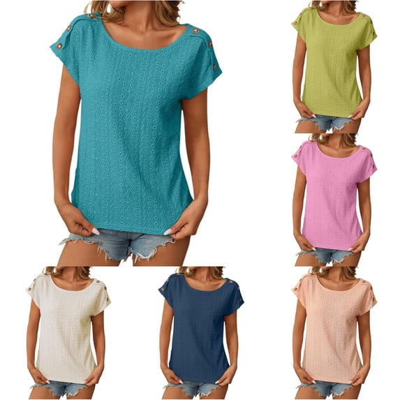 CAIVO Women Blouses Dressy Casual Solid Color Jacquard Hollow Short Sleeved Tops O-Neck Stylish Shirts