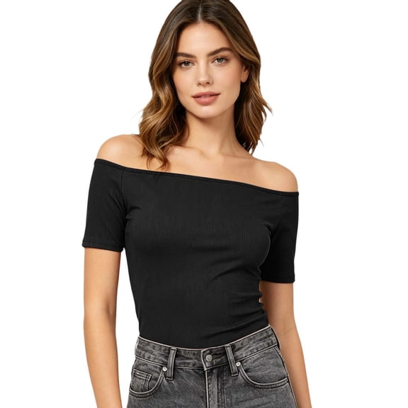 CAIVO Women Casual Solid Color Off Shoulder Ribbed Knit Tops Summer Fashion Tee Shirt Soft Stretchy Comfortable Basic Blouse Short Sleeve Solid Color Cozy Dailywear