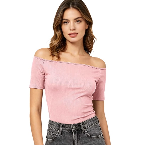 CAIVO Women Blouses Dressy Casual Solid Color Off Shoulder Ribbed Knit Tops Summer Fashion Tee Shirt Soft Stretchy Comfortable Basic Short Sleeve Solid Color Relaxed Fit Dailywear