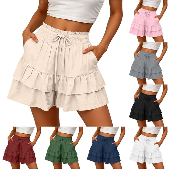 CAIVO Women Casual Summer Shorts With Ruffle Layered Pockets Loose Fit Elastic Waist Beach Shorts For Travel Daily Wear Vacation Outdoor Work Solid Color Bottoms